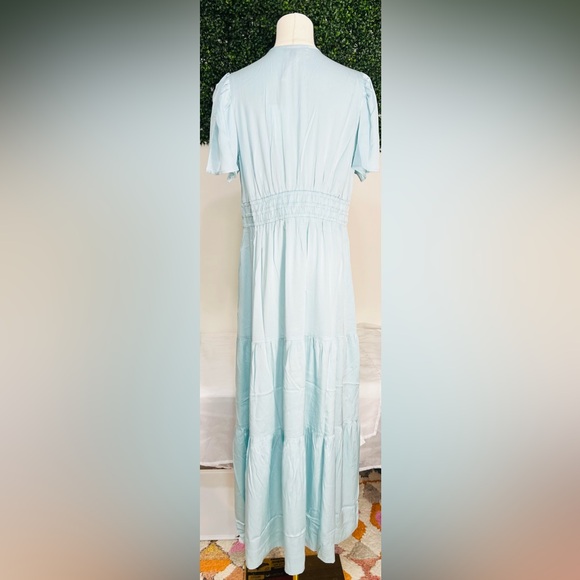 Quince NWT Women's Mulberry Aqua Pearl Stretch Silk Tiered Maxi Dress Medium - Picture 9 of 14